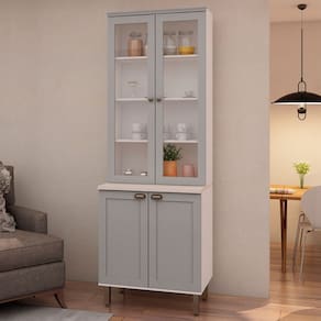 Cristaleira Iluminata 100% Mdf com 2 Portas de Vidro Branco/Marrom Claro - Genialflex