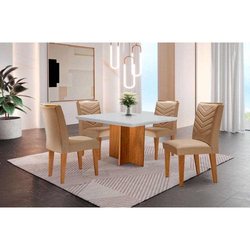 Conjunto Sala de Jantar Mesa Olímpia 90cm Tampo em MDF Canto Copo e 4 Cadeiras Liz Moderna