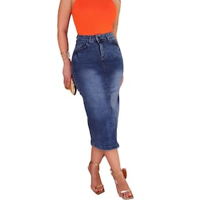 Saia Jeans Feminina Midi Longa Cintura Alta Com Elastano