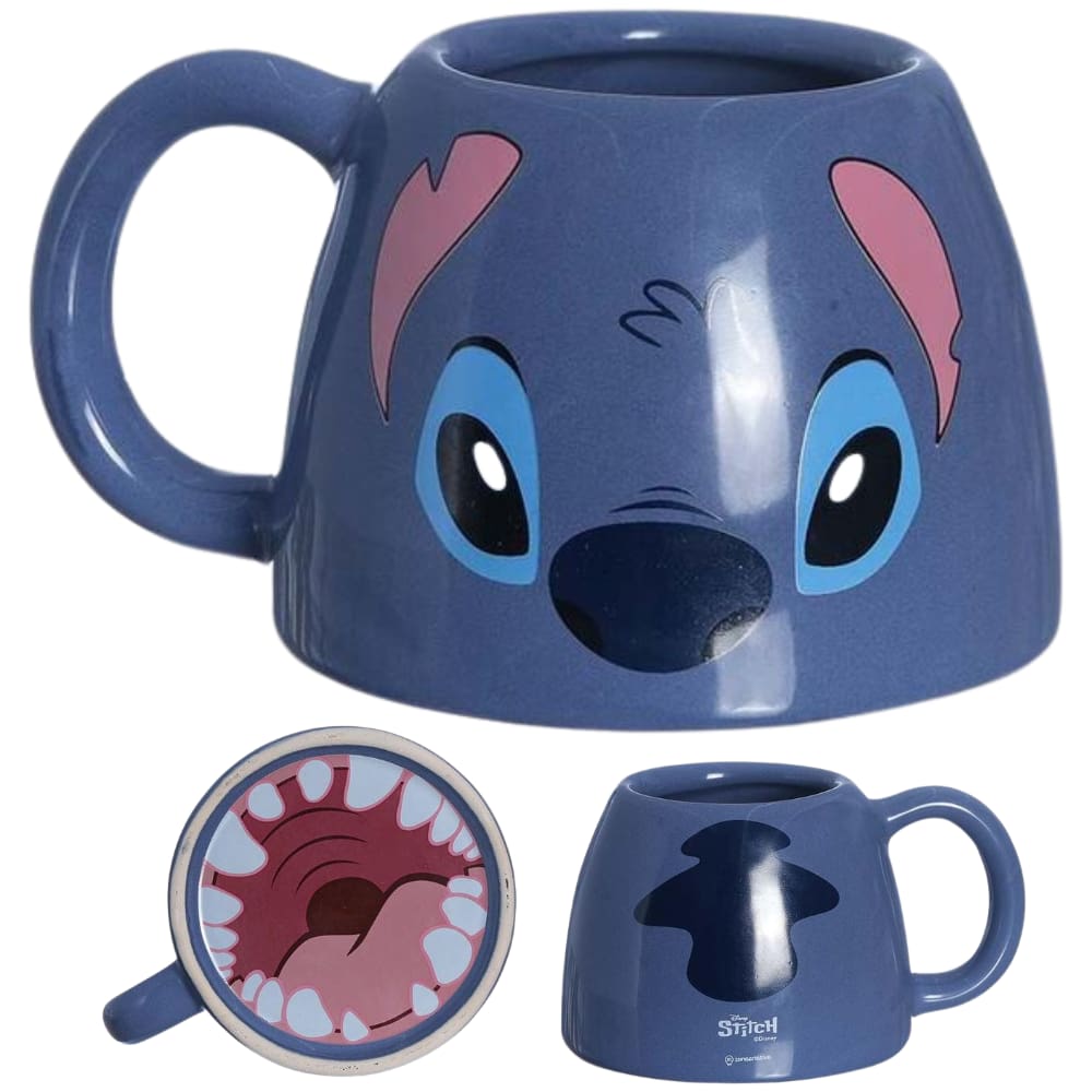 Caneca Stitch Formato 3D Boca No Fundo Cerâmica 450 ml Oficial Disney