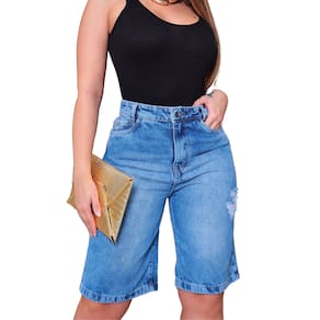 Bermuda Jeans Feminina Comprida Jorts Cintura Alta Casual