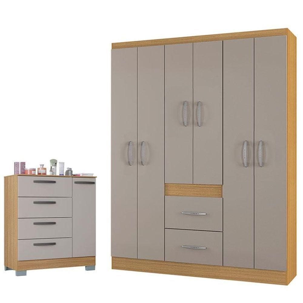 Cômoda 868 4 Gavetas E 1 Porta Com Guarda Roupa Casal Milão 6 Portas Damasco Off White - Poquema