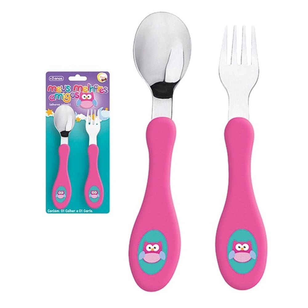 Kit Talheres Bebe Infantil Inox Coruja Garfinho e Colher