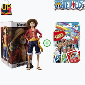 KIT One Piece - Boneco Luffy D. Monkey 28cm 3 Rostos + Jogo Uno One Piece
