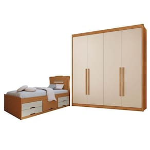 Conjunto Cama Solteiro 5 Gavetas Júlia e Guarda-Roupa Casal 4 Portas 4 Gavetas Bergame Cinamomo/Off White
