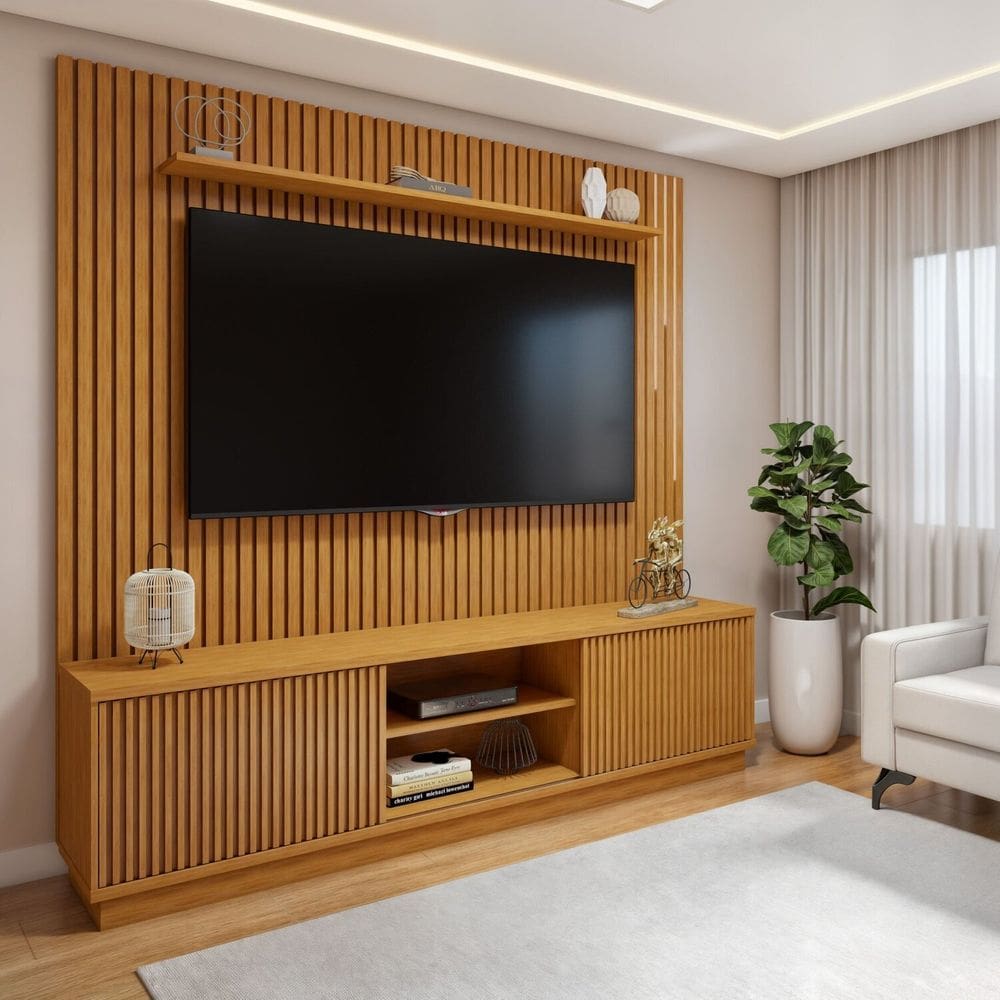 Conjunto Rack Arezzo 220cm com Painel Ripado com Led para Tv de até 75 Polegadas com Led Paris Naturalle