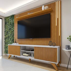 Conjunto Rack Gaia 218cm com Painel Ripado com Led para Tv de até 75 Polegadas com Led Paris Off White/Naturalle