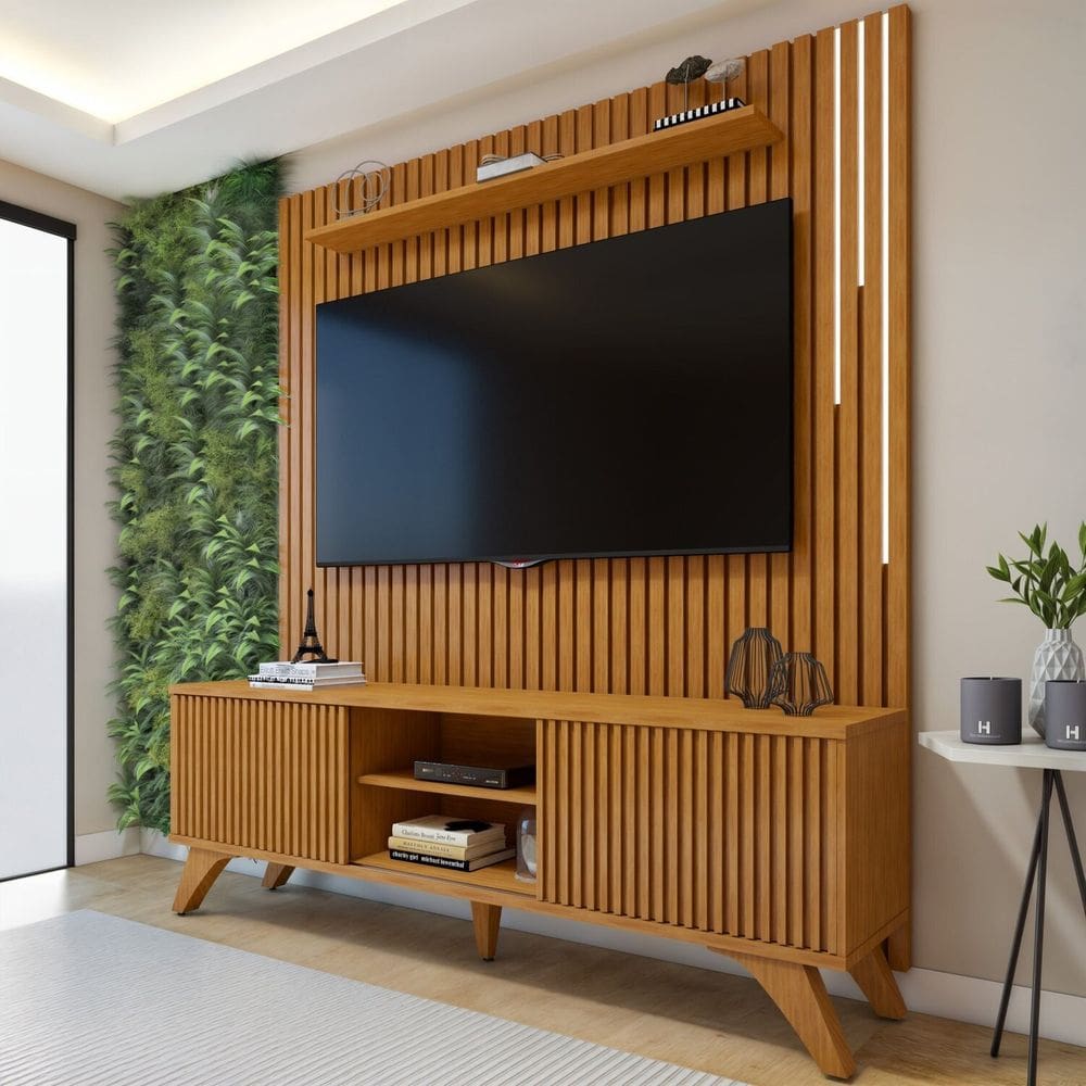 Conjunto Rack Gaia 180cm com Painel Ripado com Led para Tv de até 75 Polegadas com Led Paris Naturalle