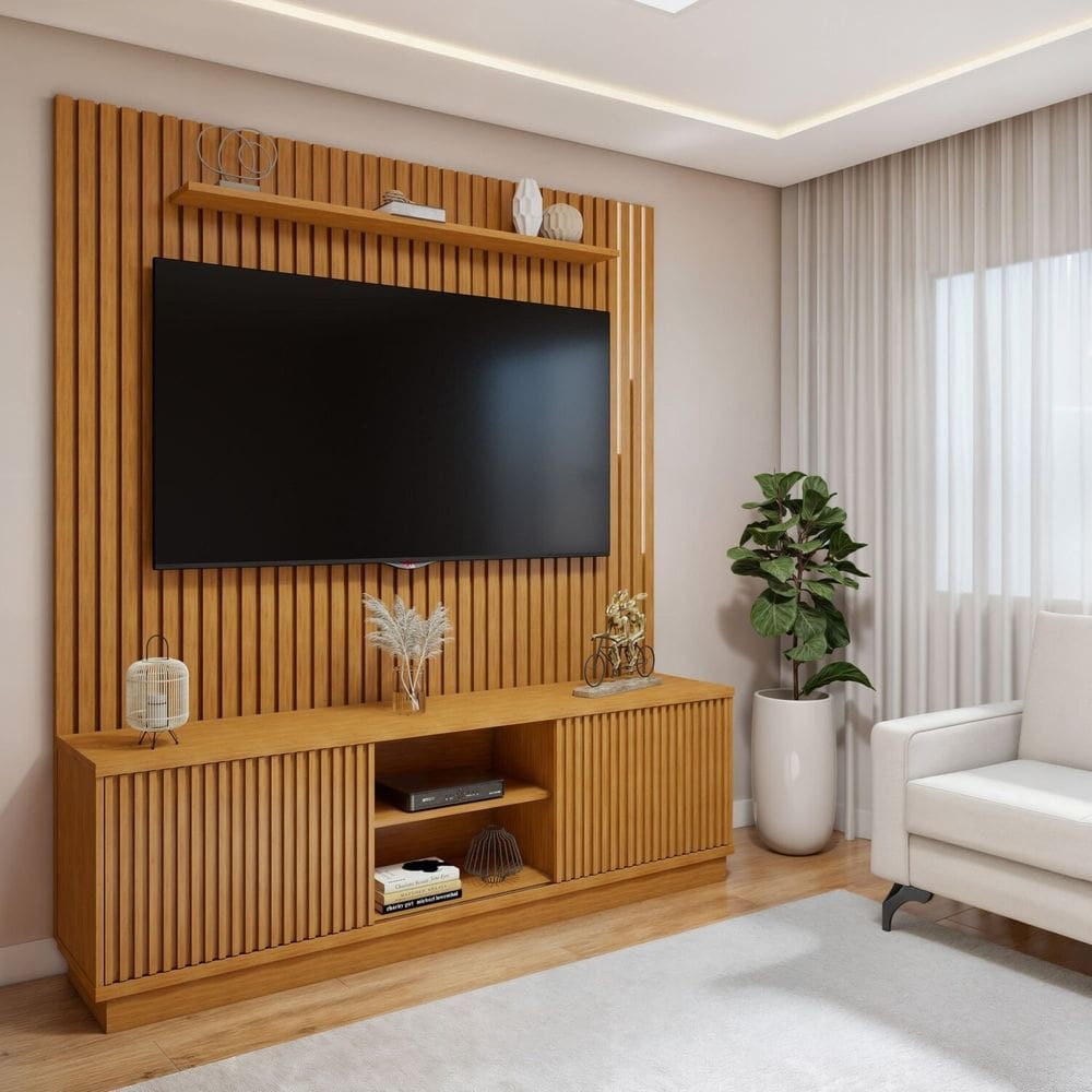 Conjunto Rack Arezzo 180cm com Painel Ripado com Led para Tv de até 75 Polegadas com Led Paris Naturalle