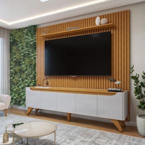 Conjunto Rack Grécia 220cm com Painel Ripado para Tv de até 75 Polegadas Paris Off White/Naturalle