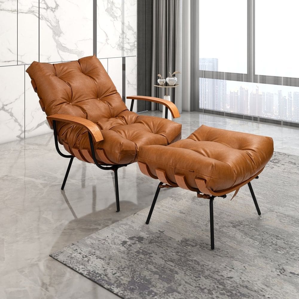 Poltrona de Ferro e Madeira, Estofada com Braço e Puff Estofado Costela Living Outdoor Espresso Móve Marrom