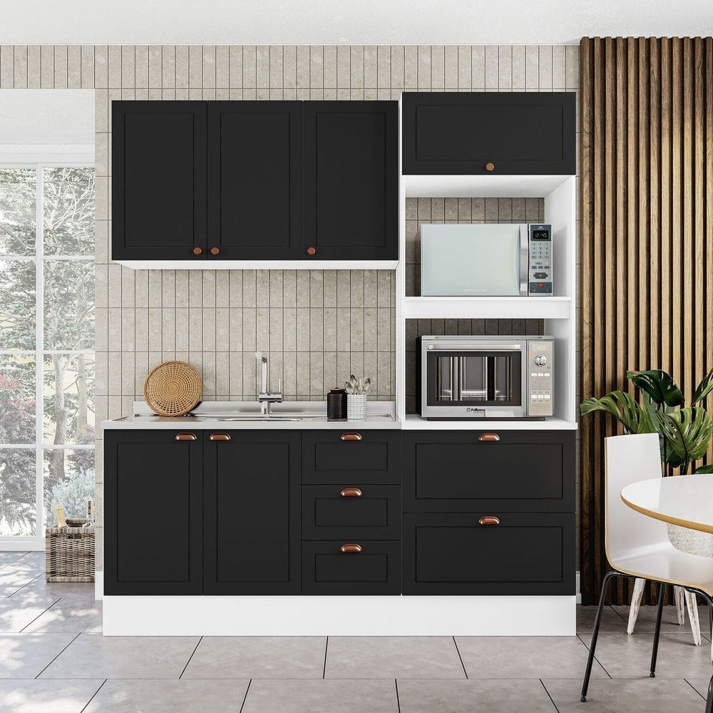 Cozinha Pérola com Rodapé Completa 3 Peças Aéreo 3 Portas e Balcão 2 Gavetas 3 Portas e Torre Quente Branco/Preto