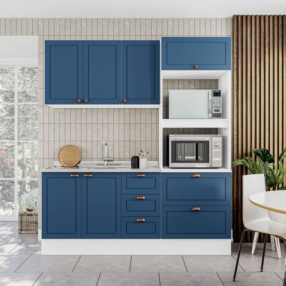 Cozinha Pérola com Rodapé Completa 3 Peças Aéreo 3 Portas e Balcão 2 Gavetas 3 Portas e Torre Quente Branco/Azul