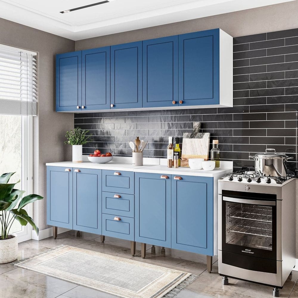 Cozinha Pérola com Tampo 4 Peças Aéreos com 5 Portas, Balcão 2 Gavetas 3 Portas e Balcão 2 Portas Ye Branco/Azul