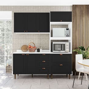 Cozinha Pérola com Tampo Completa 3 Peças Aéreo 3 Portas e Balcão 2 Gavetas 3 Portas e Torre Quente Branco/Preto