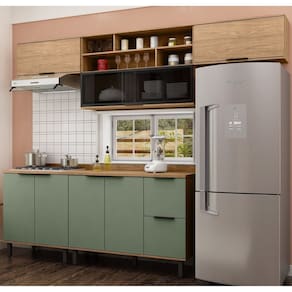 Cozinha Modulada Toscana em Mdf 5 Peças com Aéreo 1200 Porta de Vidro e Aéreo Geladeira com Tampo Freijó/Jade