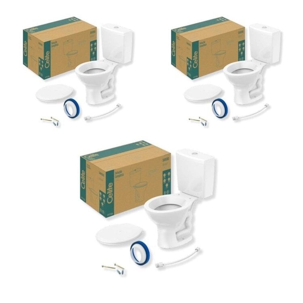Kit 3 Vaso Sanitário com Caixa Acoplada e Assento Saveiro Celite Branco Brilhante