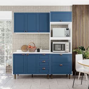Cozinha Pérola com Tampo Completa 3 Peças Aéreo 3 Portas e Balcão 2 Gavetas 3 Portas e Torre Quente Branco/Azul