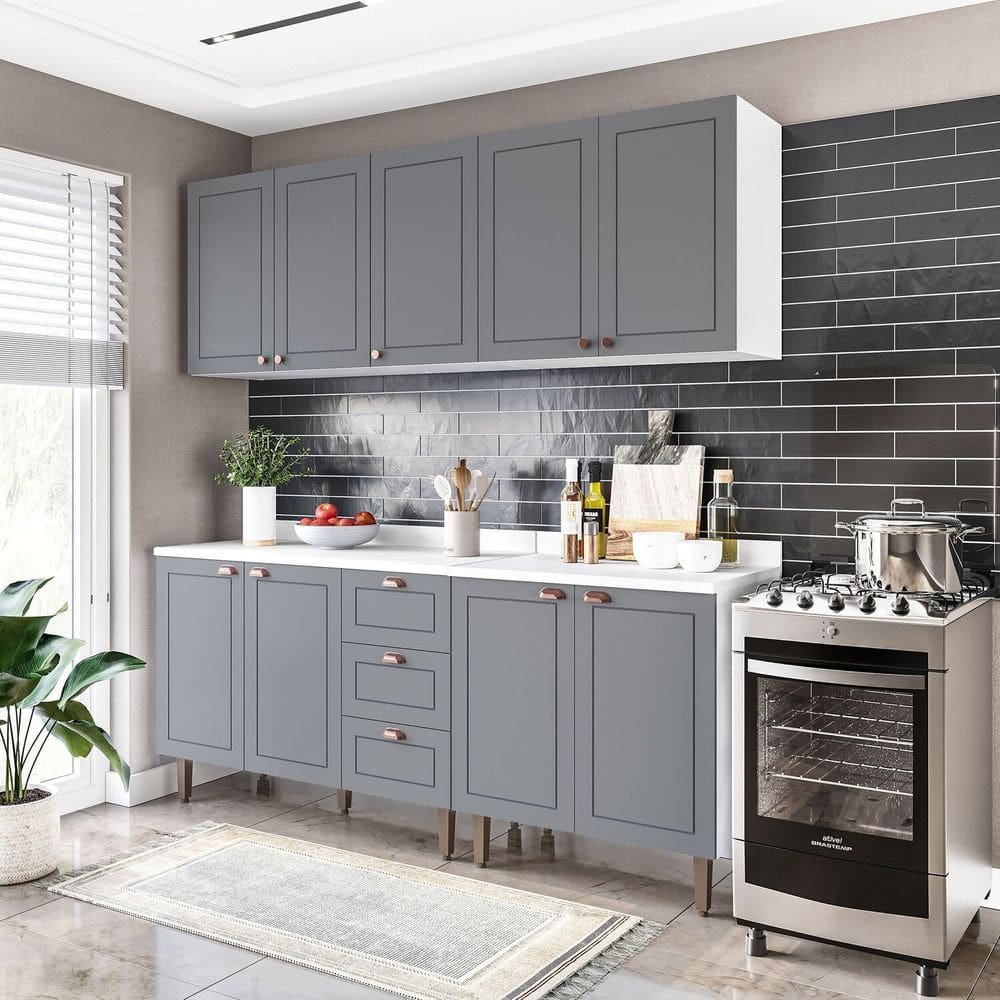 Cozinha Pérola com Tampo 4 Peças Aéreos com 5 Portas, Balcão 2 Gavetas 3 Portas e Balcão 2 Portas Ye Branco/Cinza