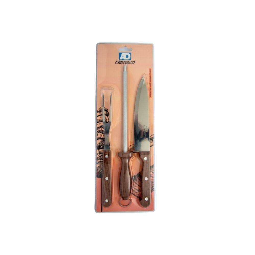 Kit Churrasco 3 Pcs Faca/Chaira/Garfo Em Inox E Cabo De Madeira - Ad