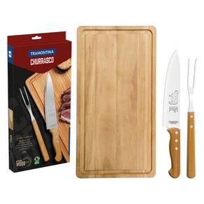 Kit Para Churrasco Tramontina Com Laminas Em Aço Inox E Cabos De Madeira Natural 3 Peças