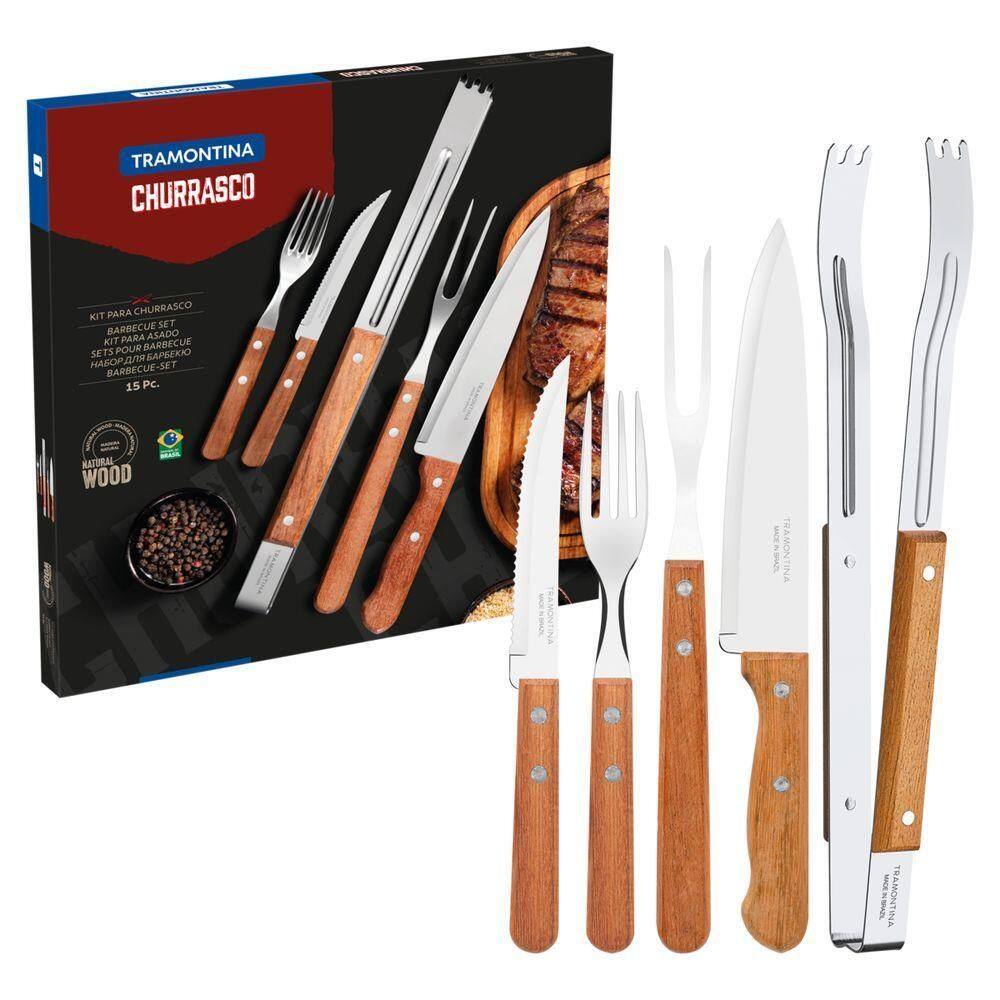 Kit Para Churrasco Tramontina Em Aço Inox Com Cabo De Madeira Natural 15 Peças