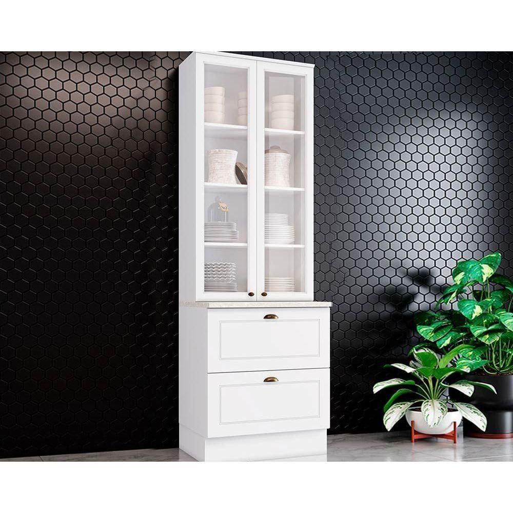 Cristaleira de Cozinha Americana c/ 2 Portas c/ Vidro e 2 Gavetas 71x220cm Branco/Calcare - Henn