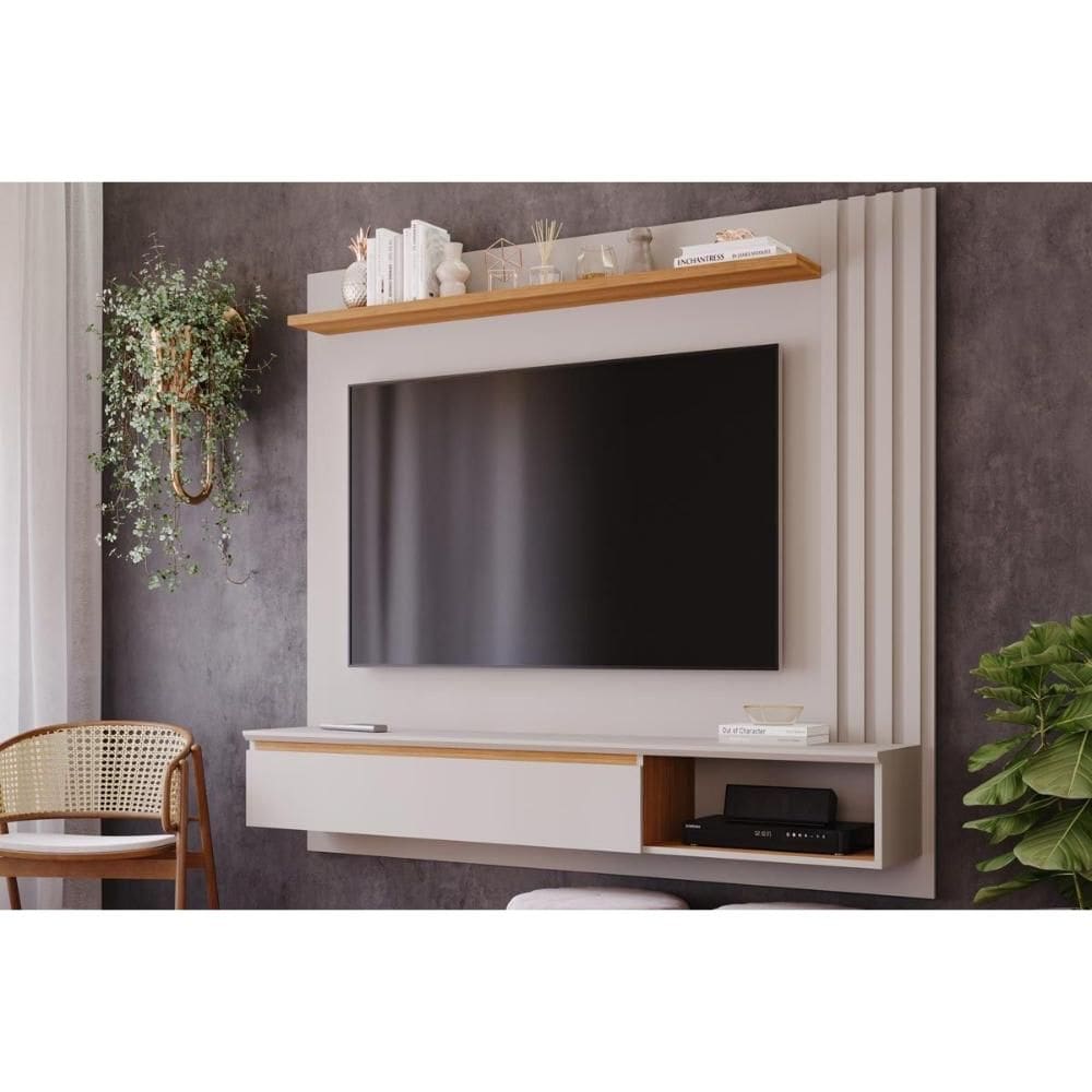 Painel Home p/TV até 60 Polegadas Panama Plus Ripado c/ Prateleira 162x157cm Off White/Nature - Permóbili