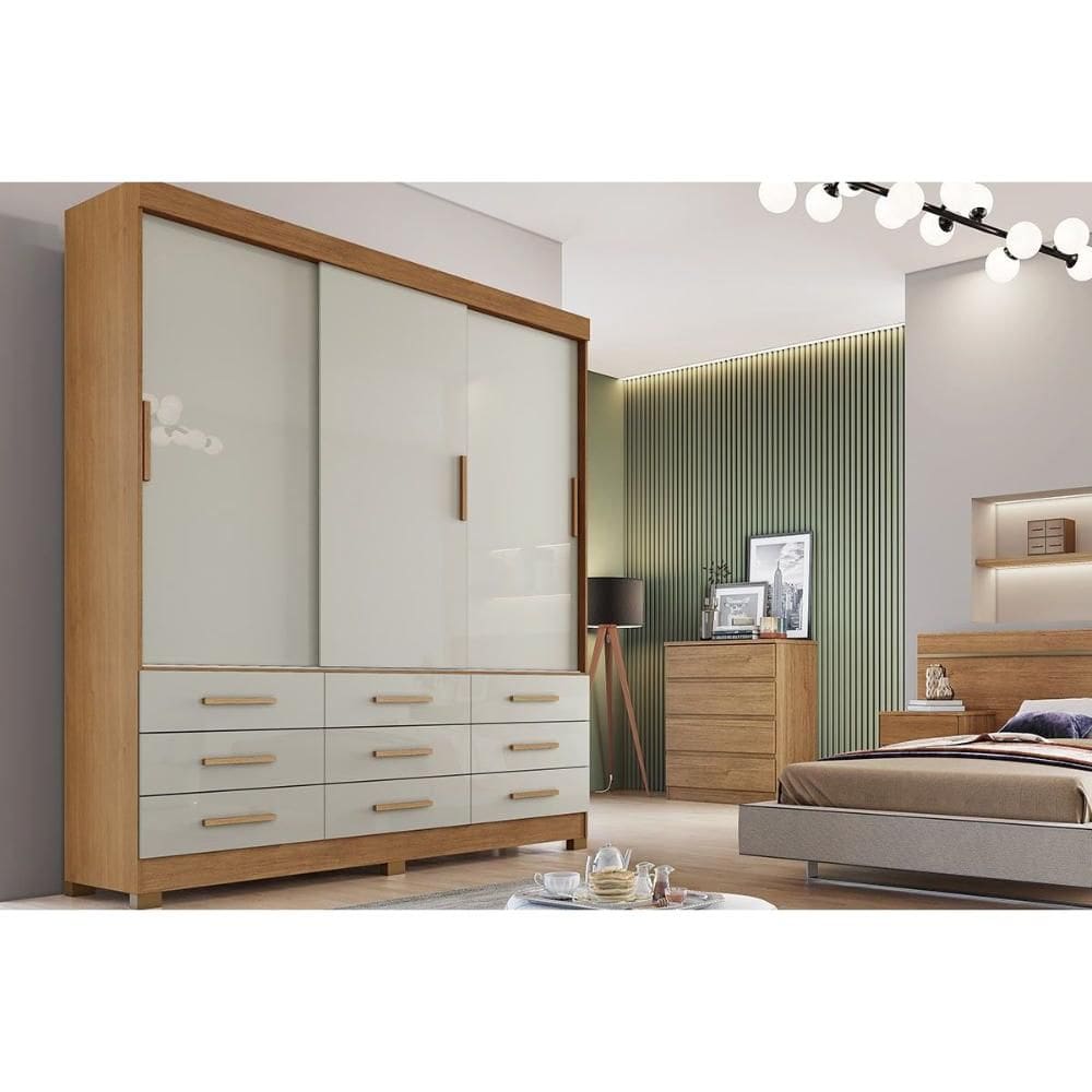 Guarda Roupa Solteiro 3 Portas e 9 Gavetas Buriti/Jequitibá Cumaru/Fendi - Novo Horizonte