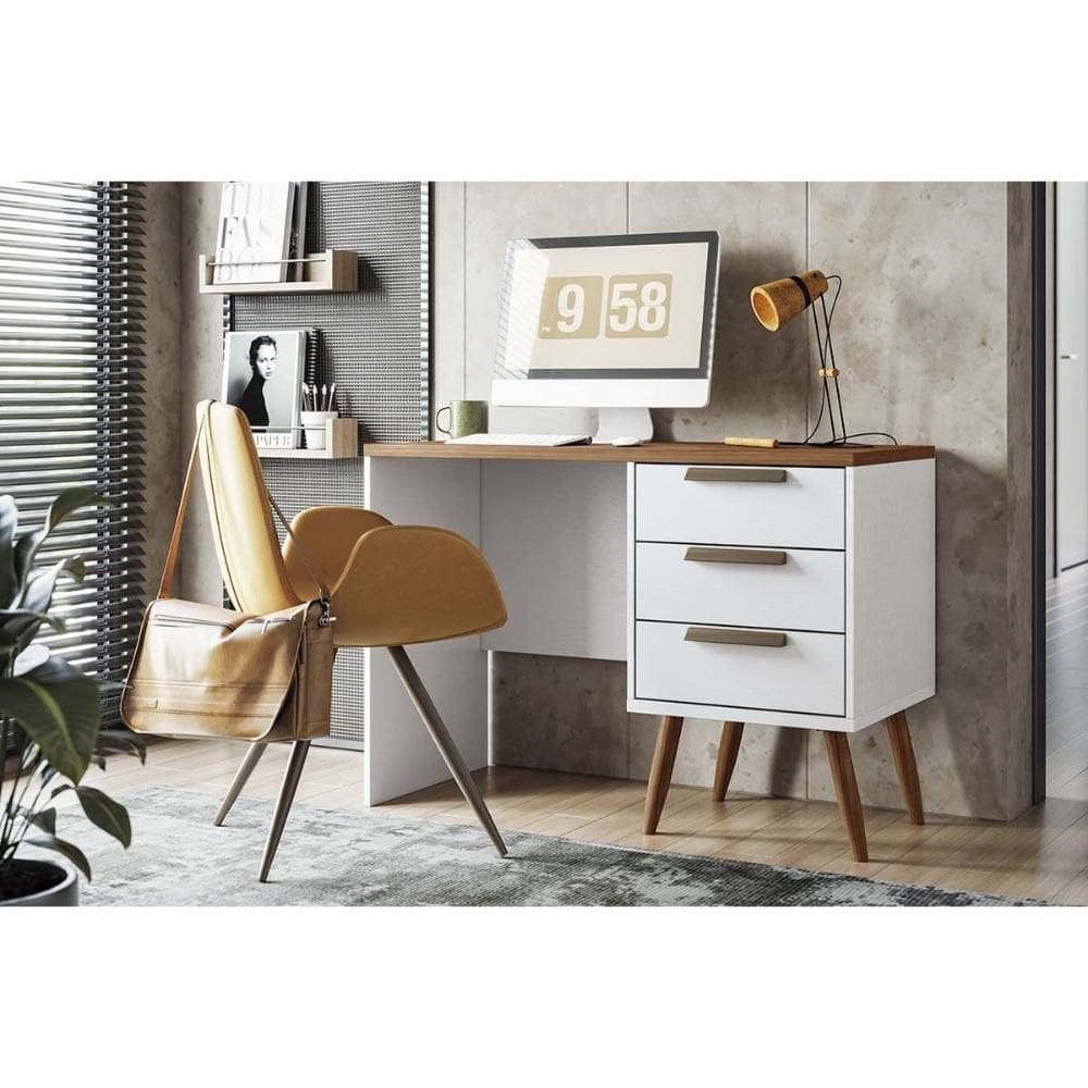 Mesa Multiuso Escritório Home Office New Conect c/ 3 Gavetas Branco/Jatoba - Santos Andirá