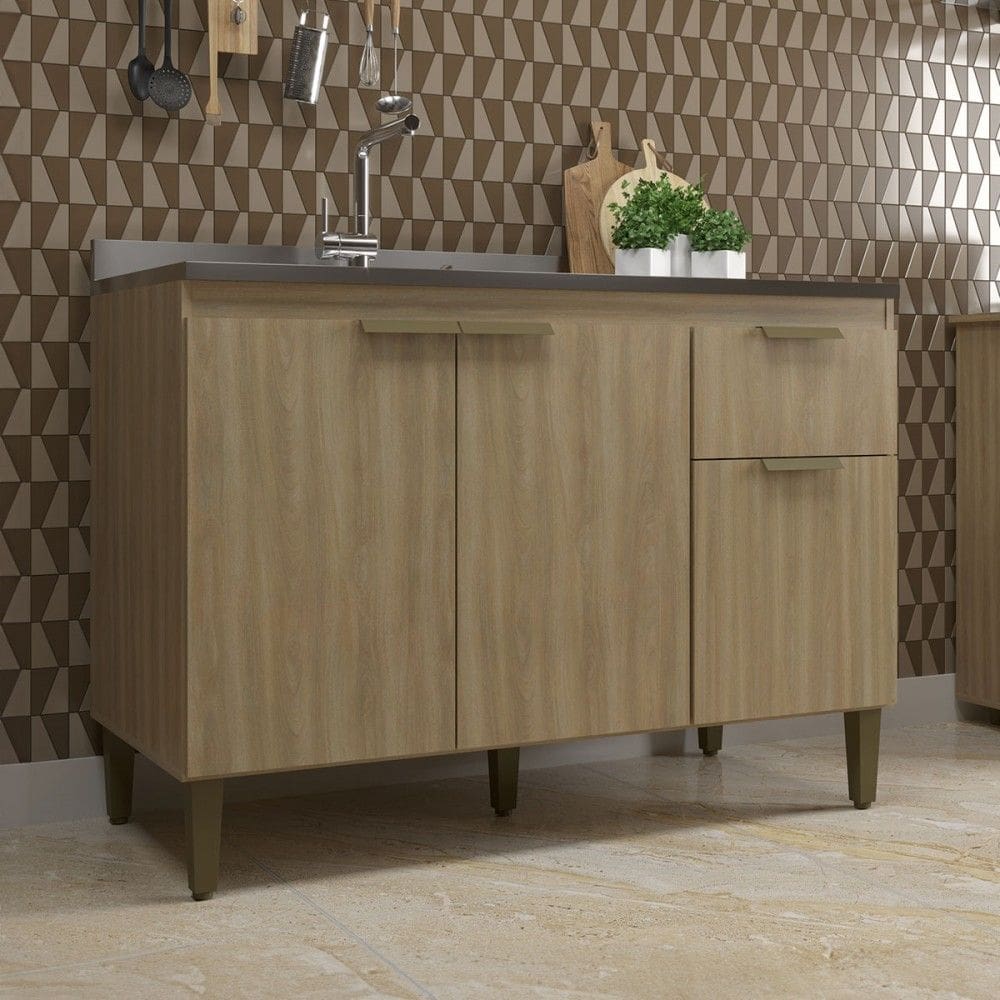 Balcão de Cozinha para Pia 120 Cm Alana 3 Portas 1 Gaveta Dourado - Jcarvalho