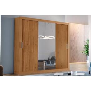 Guarda Roupa 3 Portas de Correr e 4 Gavetas c/ Espelho Veneza Luxo Naturale-Naturale Ripado-Flex - Rufato