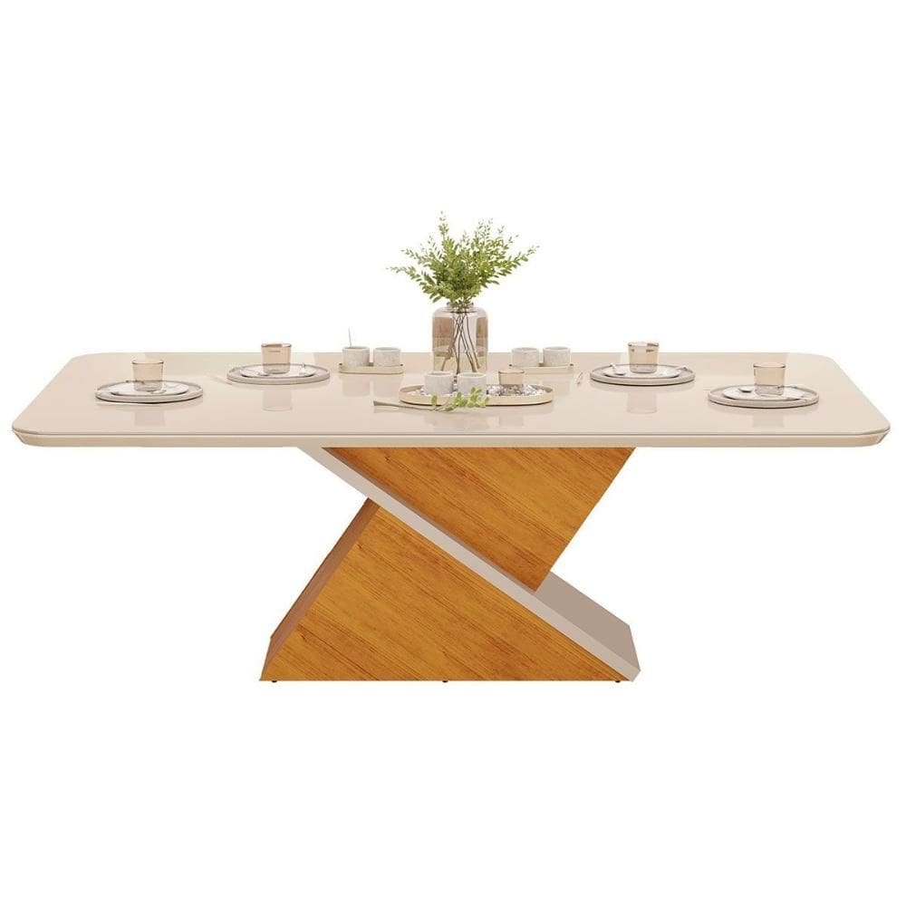 Mesa de Sala Jantar Zafira c/ Tampo Madeirado c/ Vidro Curvo 200x100cm Cedro/Off White - DJ Móveis