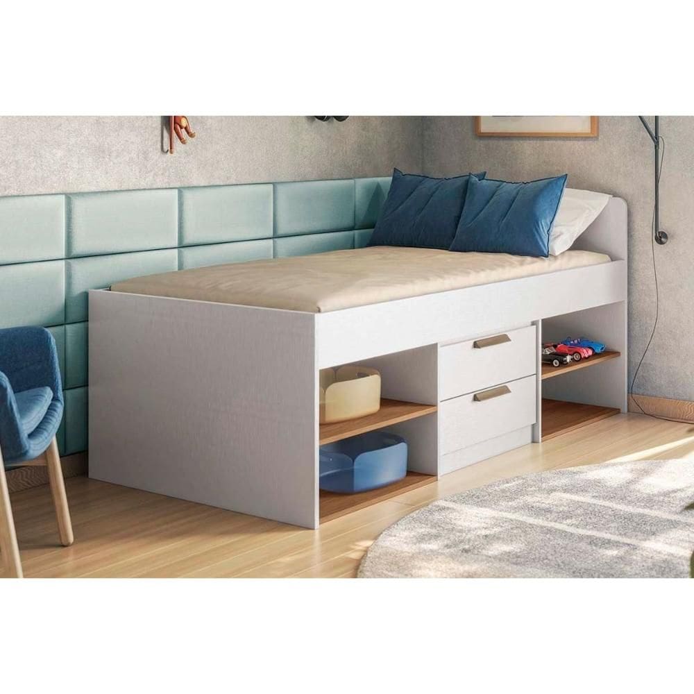 Cama Solteiro Multifuncional New Conect c/ 2 Gavetas Branco/Jatobá - Santos Andirá