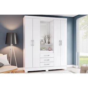 Guarda Roupa Solteiro 4 Portas 3 Gavetas c/ 1 Espelho e Pés Briz B24 Branco - Henn
