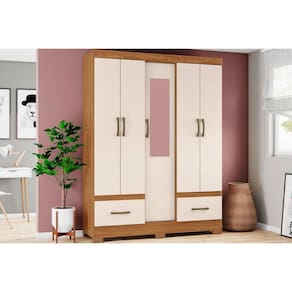 Guarda Roupa Solteiro 5 Portas (1 c/ Espelho) e 2 Gavetas c/ Pés Briz B60 Nature/Off White - Henn