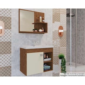 Balcão p/ Banheiro Suspenso Lótus Bia 1Pta e 2Nichos +Armário Espelheira +Bancada Pia 55cm cor Amendoa/Off White - MGM