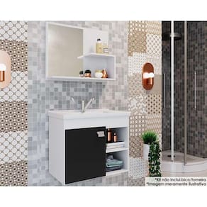 Balcão p/ Banheiro Suspenso Lótus Bia 1Pta e 2Nichos +Armário Espelheira +Bancada Pia 55cm cor Branco/Preto - MGM