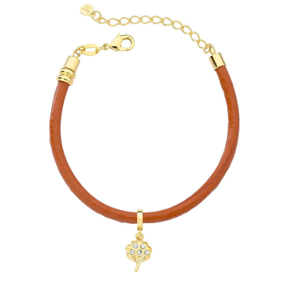 Pulseira de Couro Caramelo com Charm Algodão Pequeno Revestido em Ouro