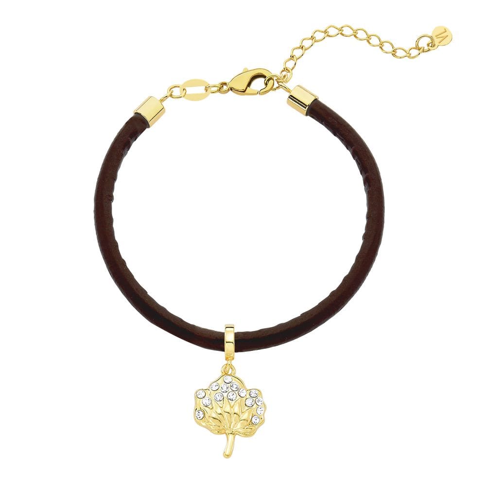 Pulseira de Couro Café com Charm Algodão Grande Revestido em Ouro