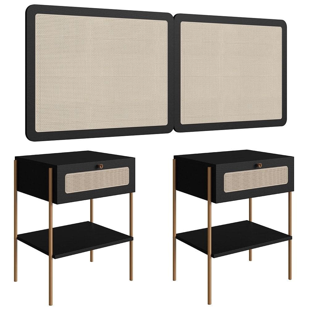 Cabeceira Casal e Queen Com 2 Mesas Laterais Arlo A10 Nero/Dourado - Mpozenato