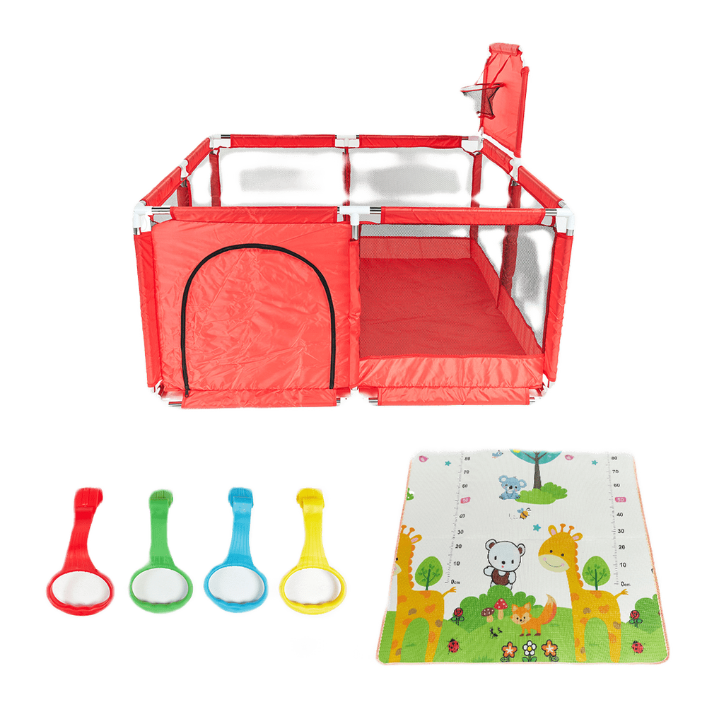 Cercadinho Asafe Confort Plus Vermelho + Anel Gancho de Tração + Tapete Infantil para Cercadinho