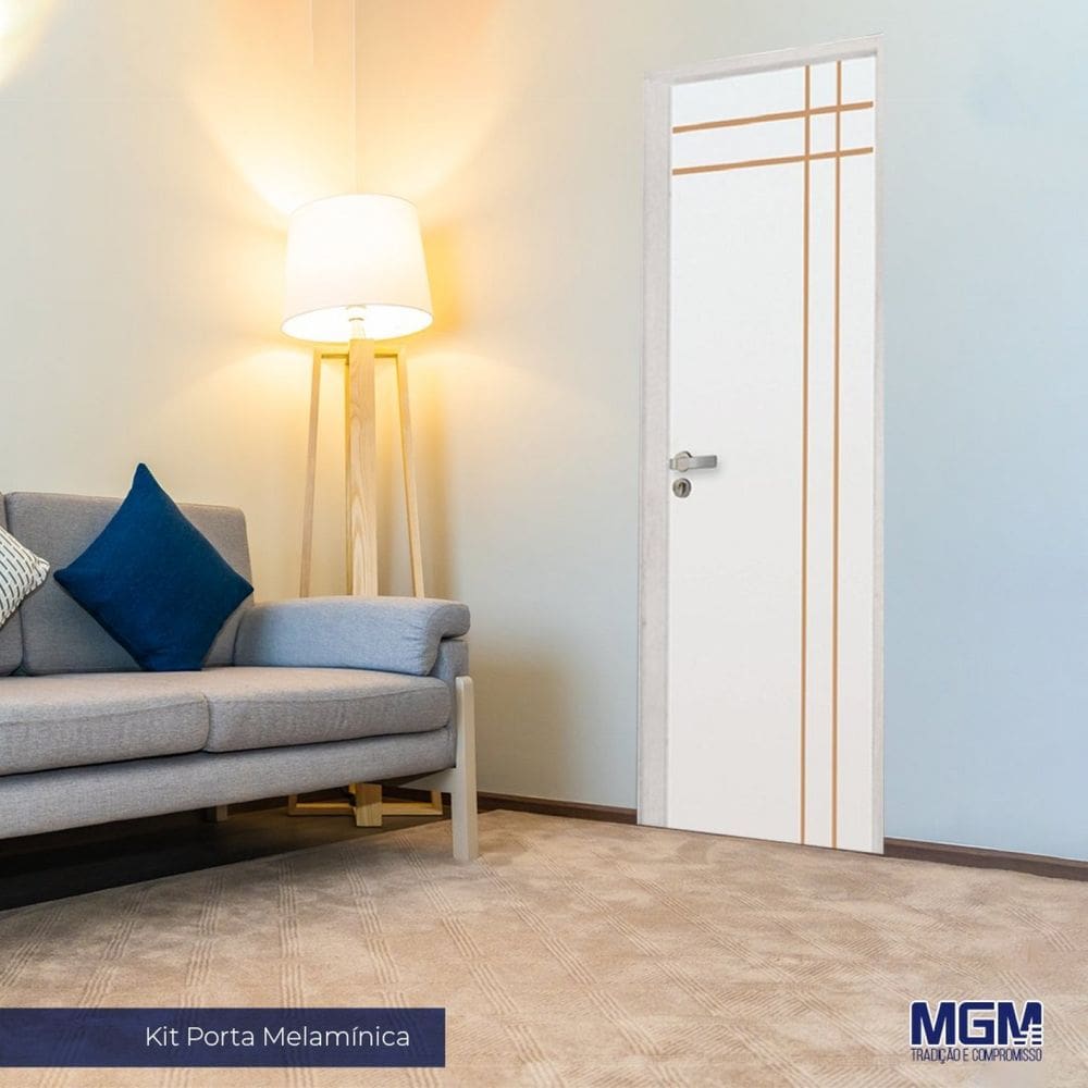 Kit Porta de Madeira Decorada 212x85cm com Batente de Alumínio 3,6cm Mantiqueira MGM Branca