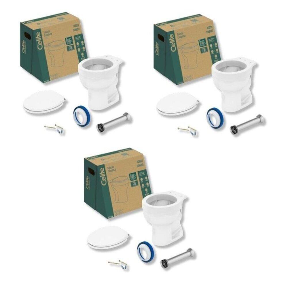 Kit 3 Vaso Sanitário Convencional com Assento Acesso Confort Celite Branco Brilhante