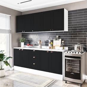 Cozinha Pérola com Rodapé e Tampo Aéreos com 5 Portas, Balcão 2 Gavetas 3 Portas e Balcão 2 Portas Y Branco / Preto