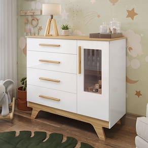 Cômoda Infantil 118,6cm 1 Porta com Janela 4 Gavetas 100% Mdf Retrô Espresso Móveis Branco/Amêndoa