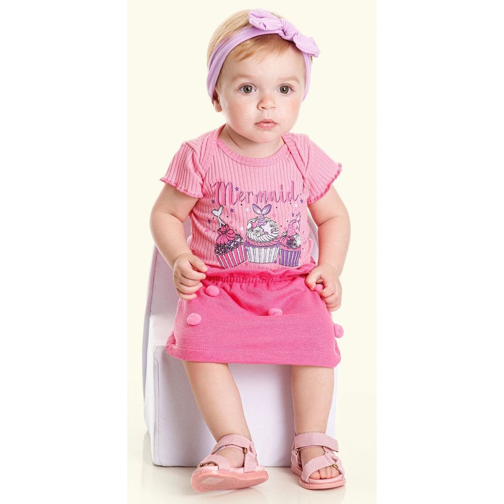 Conjunto Bebê Menina Body Canelado Estampado e Saia Rosa