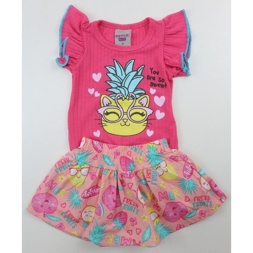 Conjunto Bebê Menina Body Canelado e Saia Meia Malha Rosa