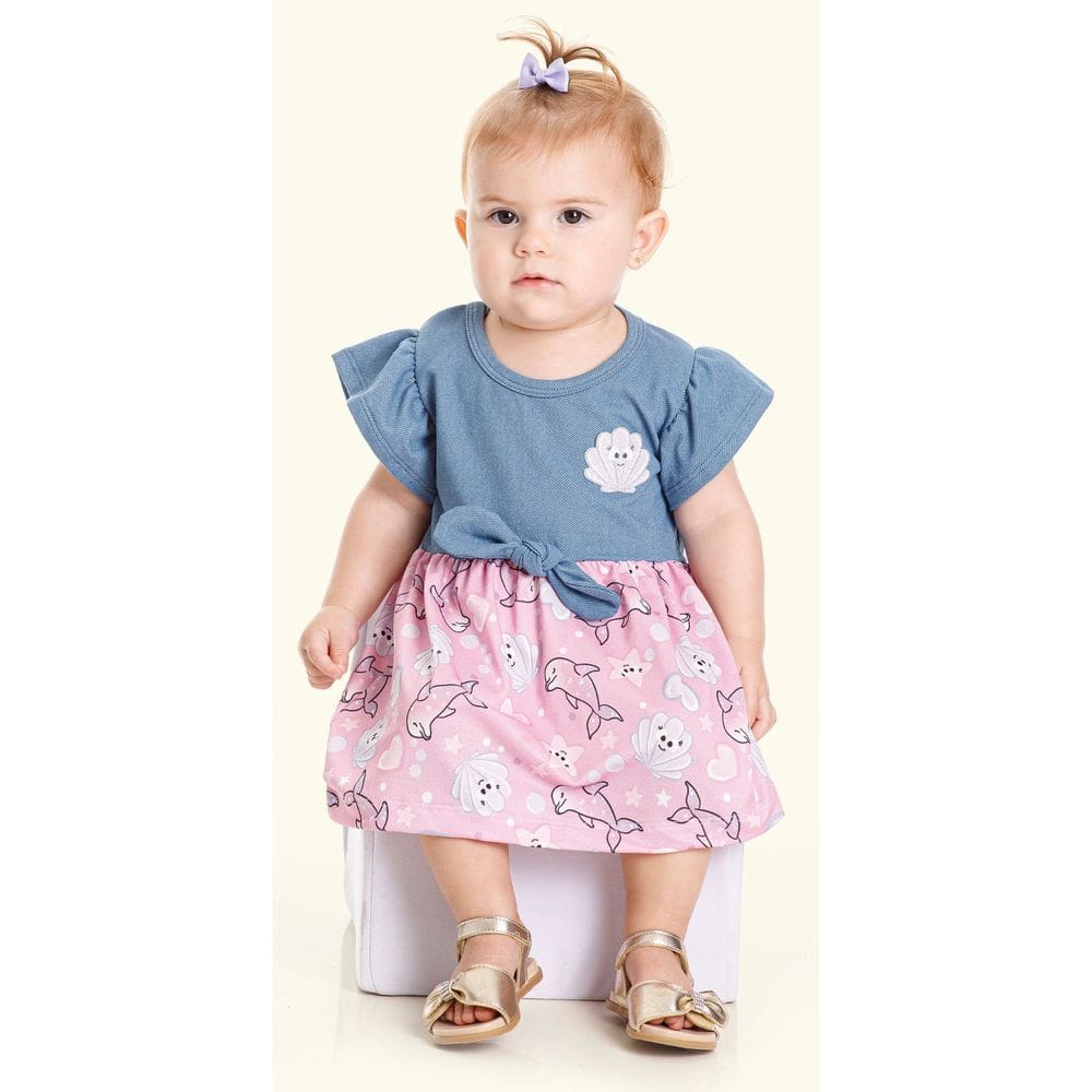 Vestido Bebê Menina Jeans e Crepe Sublimado Azul e Rosa