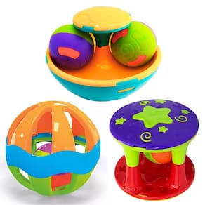 Kit 3 Brinquedos Com Chocalho Sensorial Colorido Para Bebê